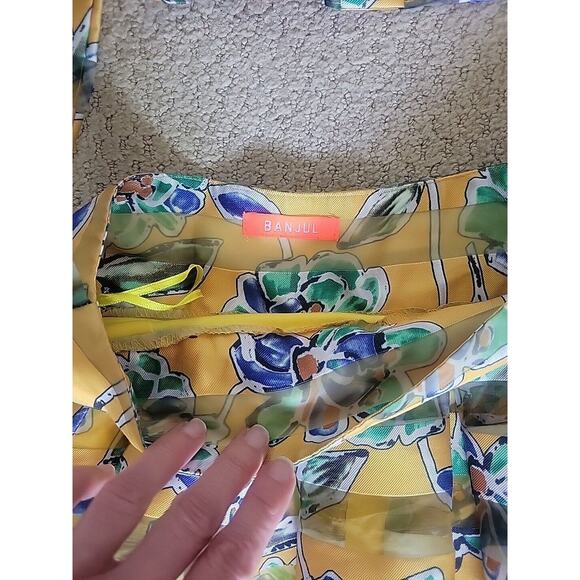 Banjul Women’s A-line High Low Skirt Yellow Size S Floral Pleated Striped Sheer - Picture 4 of 12